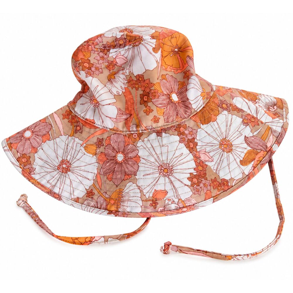 Volcom Floral Wide Brim Sun Hat One Size Pink Orange Boho Chin Tie